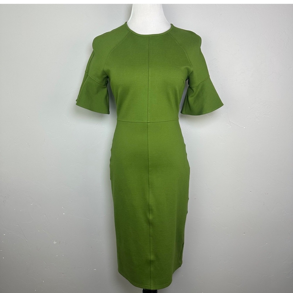 Rachel Parcell Monaco Sage Green Flutter Sleeve Ponte Midi Sheath Dress Small